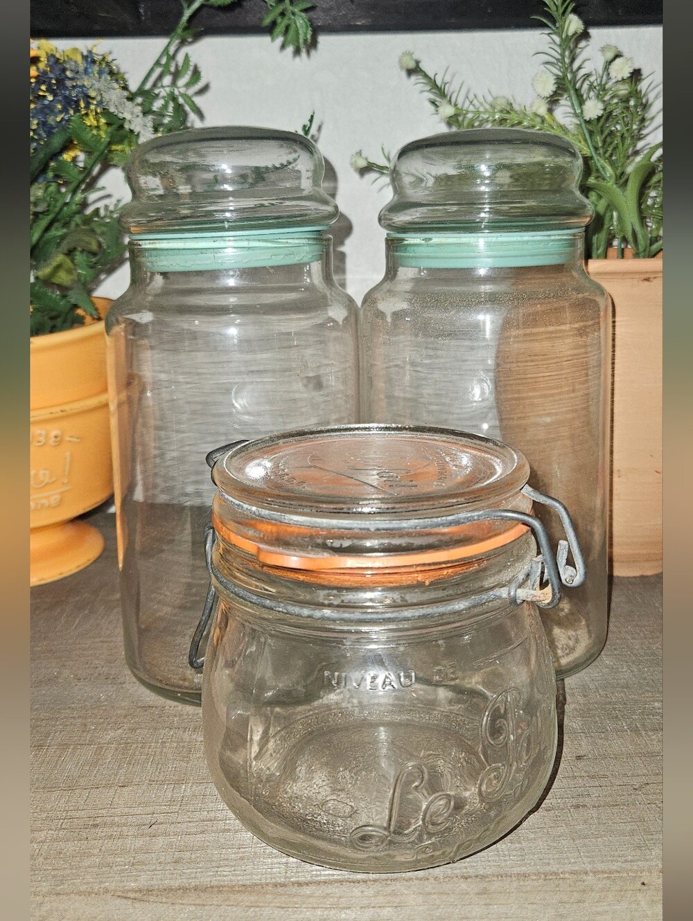 Vintage Glass Jars, Set Of Three | Aqua & Orange